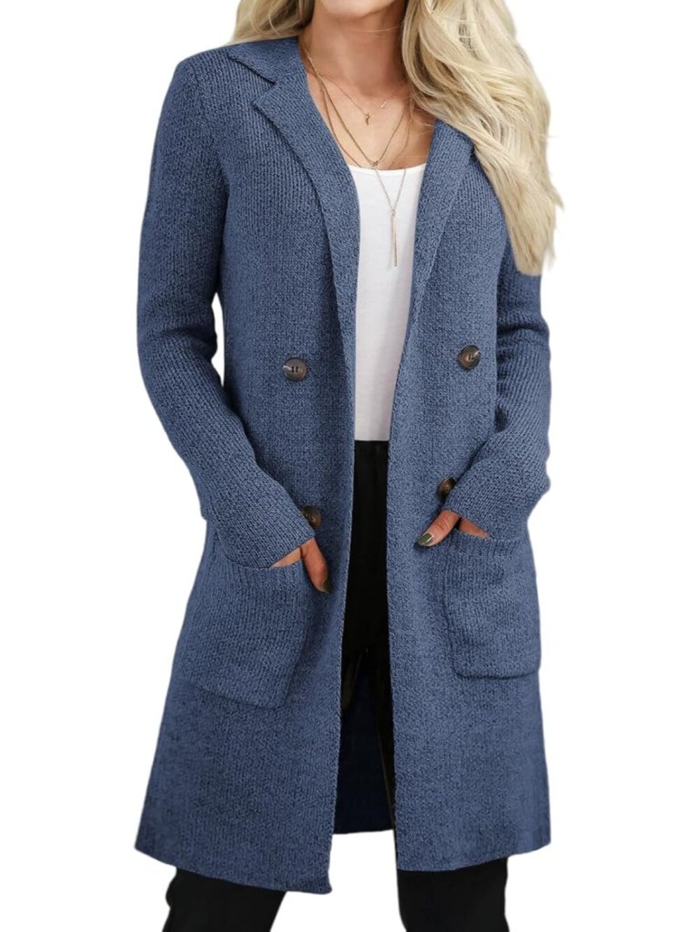 Women's Classic Blue Long Knit Cardigan Open Front Coatigan Lapel Pocket Sweater